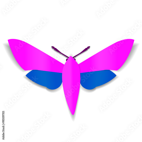 A pink and blue paper  butterfly with a purple mustache