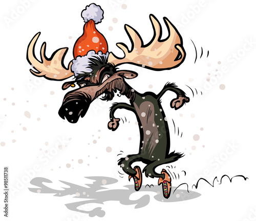 Moose with Xmas hat and moccasins steps on tiptoe.