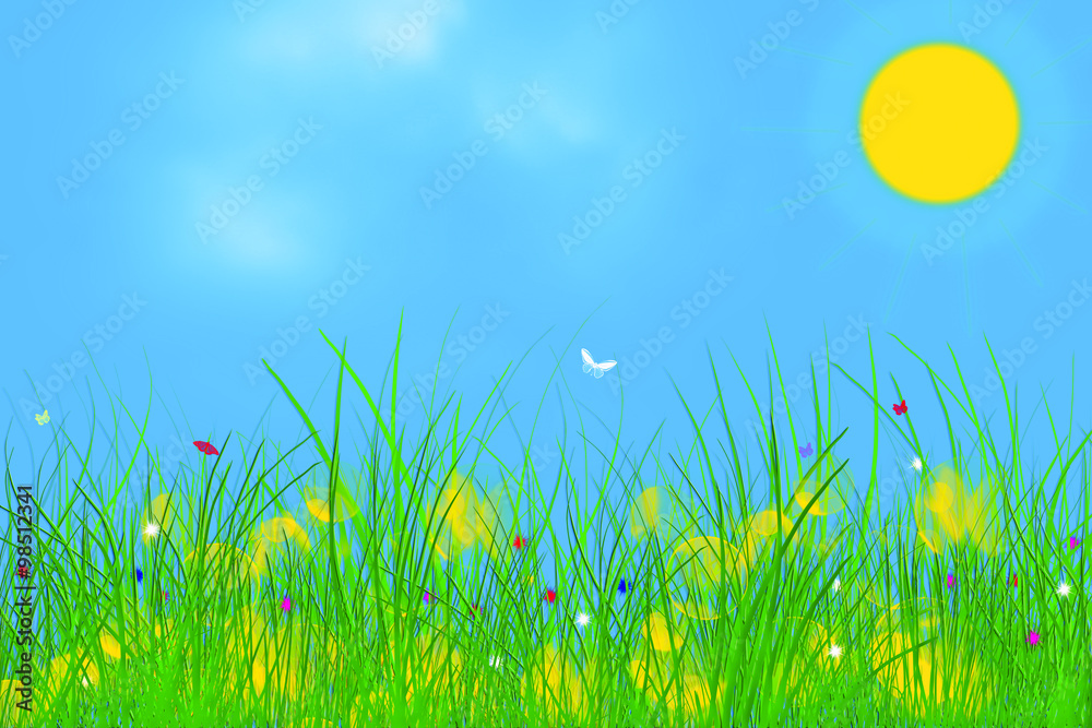 Трава зеленая, небо голубое. Солнце, бабочки, цветы. Летняя, добрая,  солнечная иллюстрация ilustração do Stock | Adobe Stock