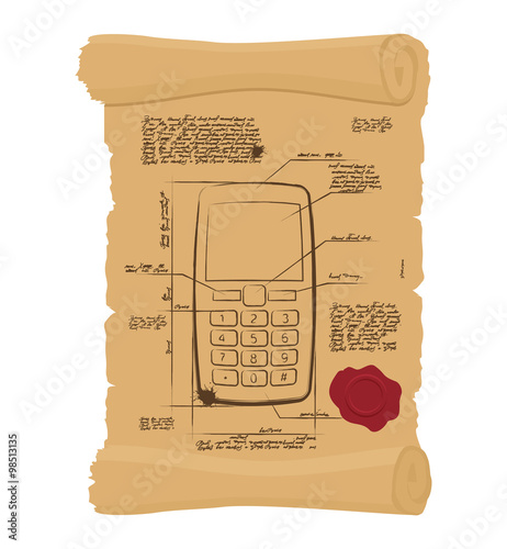Cell phone with buttons on old scroll. Paper Project of ancient