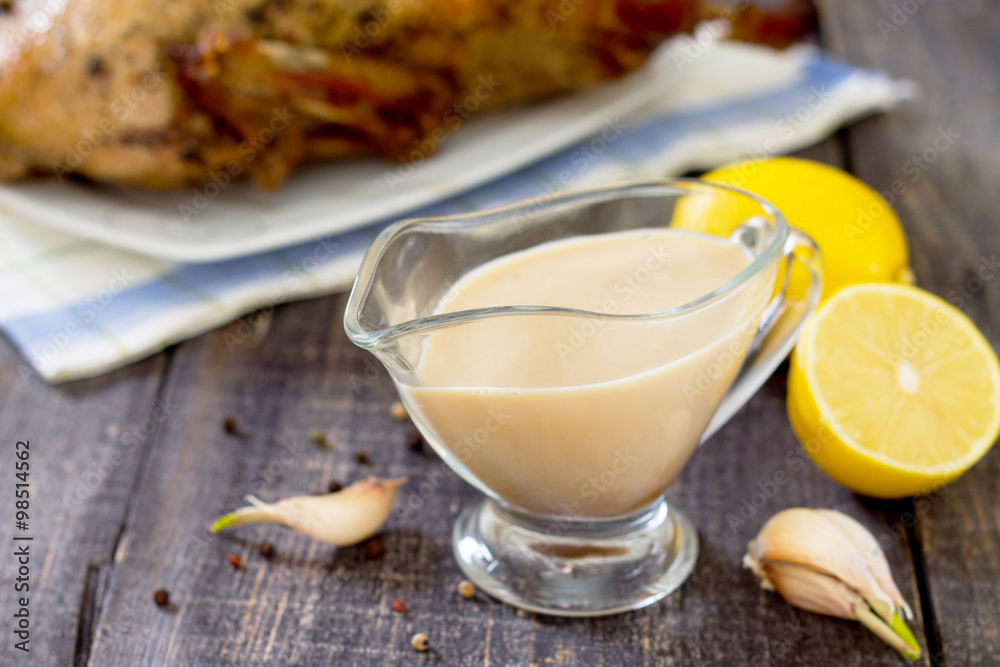 Honey-lemon sauce for marinating poultry, selective focus Honey-lemon sauce for marinating poultry, selective focus