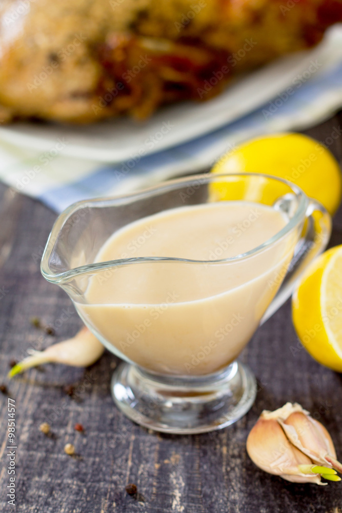 Honey-lemon sauce for marinating poultry, selective focus Honey-lemon sauce for marinating poultry, selective focus