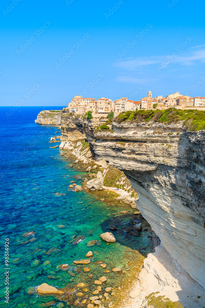 A view of Bonifacio old town built on high cliff above the sea, Corsica island, France