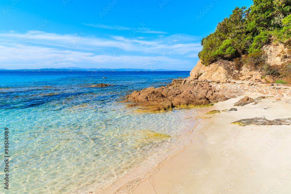 Beautiful sandy Grande Sperone beach with crystal clear azure sea water, Corsica island, France