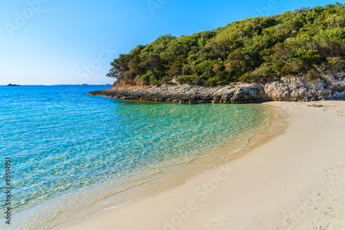 Beautiful sandy Grande Sperone beach with crystal clear turquoise sea water, Corsica island, France