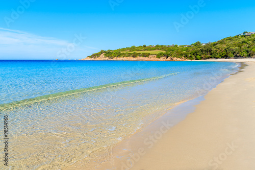 Beautiful sandy Grande Sperone beach with crystal clear azure sea water, Corsica island, France
