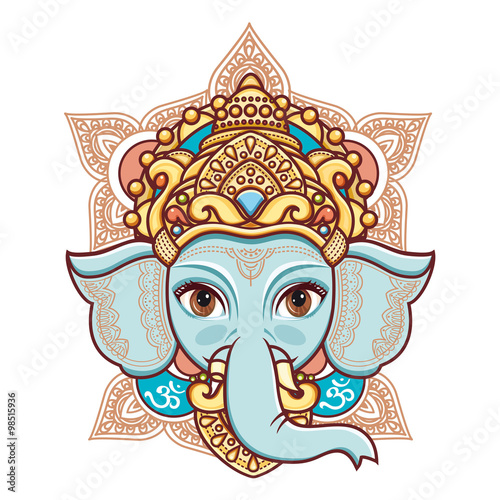 Hindu elephant head God Lord Ganesh. Hinduism. Happy Ganesh Chaturthi. Vector elements isolated. Hand drawn paisley background. Indian, Hindu motifs. Henna tattoo, yoga,