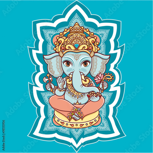 Hindu elephant  God Lord Ganesh. Hinduism. Happy Ganesh Chaturthi. Vector elements isolated. Hand drawn paisley background. Indian, Hindu motifs. Henna tattoo, yoga, 