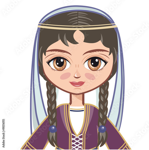 The girl in  Georgian dress. Historical clothes.  Linear pattern on a white background. 