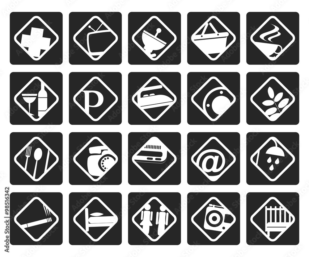 Black Hotel and Motel objects - Realistic Vector Icon set Black Hotel and Motel objects - Realistic Vector Icon set