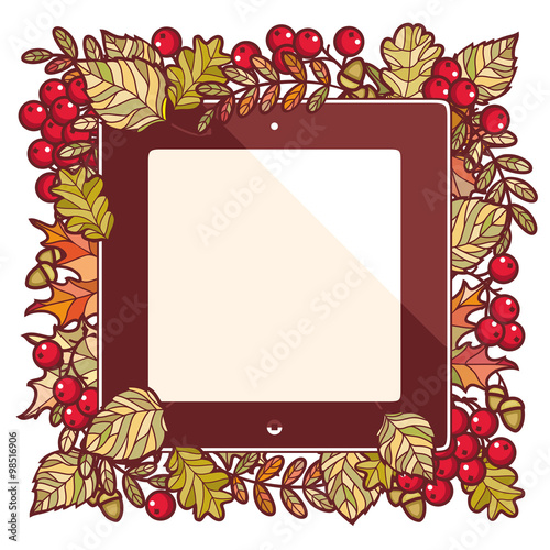 Autumn frame. Autumn background. Birch. Maple. Rowan. Oak. The tablet. Mountain ash. Banner. Shortcut. Label. Vector illustration. Vector elements isolated. 