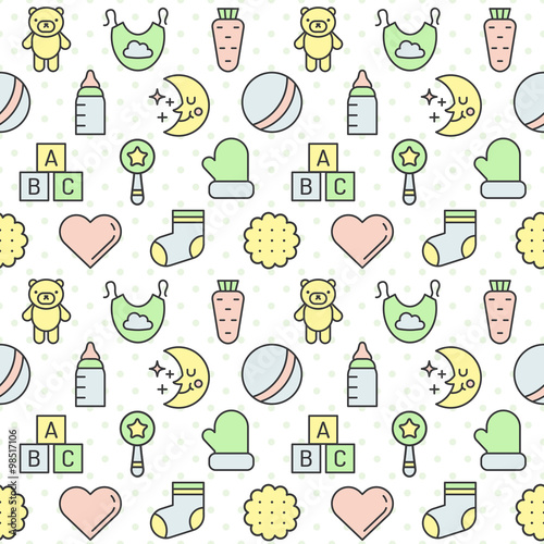 Babies (girl and boy) things outline multicolored cute vector seamless pattern. Modern minimalistic design. Part one.
