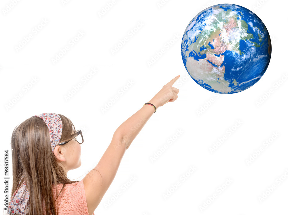 Portrait of a smiling little girl pointing finger on world globe Portrait of a smiling little girl pointing finger on world globe