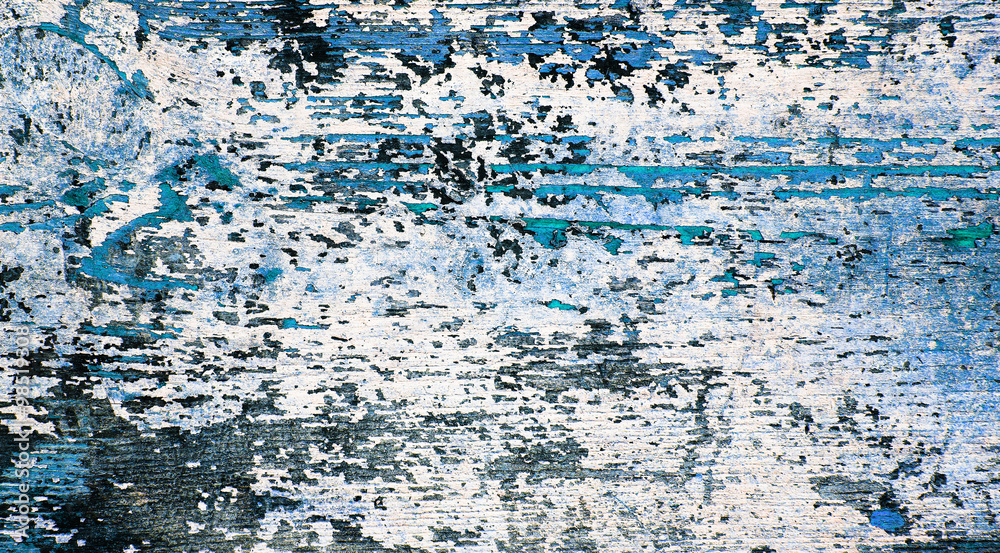 Fototapeta premium Flaking blue paint on white wood, grunge background texture.