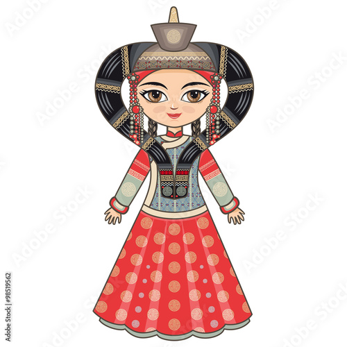 The girl in Buryat dress. Historical clothes. Linear pattern on a white background.  Line drawing festive. Vector drawing. 
