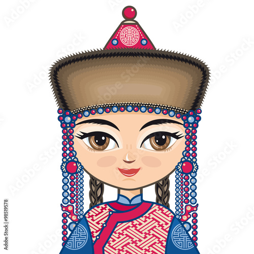 The girl in Buryat dress. Historical clothes. Linear pattern on a white background.  Line drawing festive. Vector drawing. Portrait, avatar 