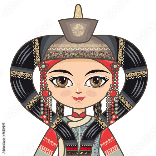 The girl in Buryat dress. Historical clothes. Linear pattern on a white background.  Line drawing festive. Vector drawing. Portrait, avatar 