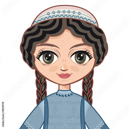 The girl in Orthodox Jews  dress.  Historical clothes. Linear pattern on a white background.  Line drawing festive. Vector drawing. Portrait, avatar. photo