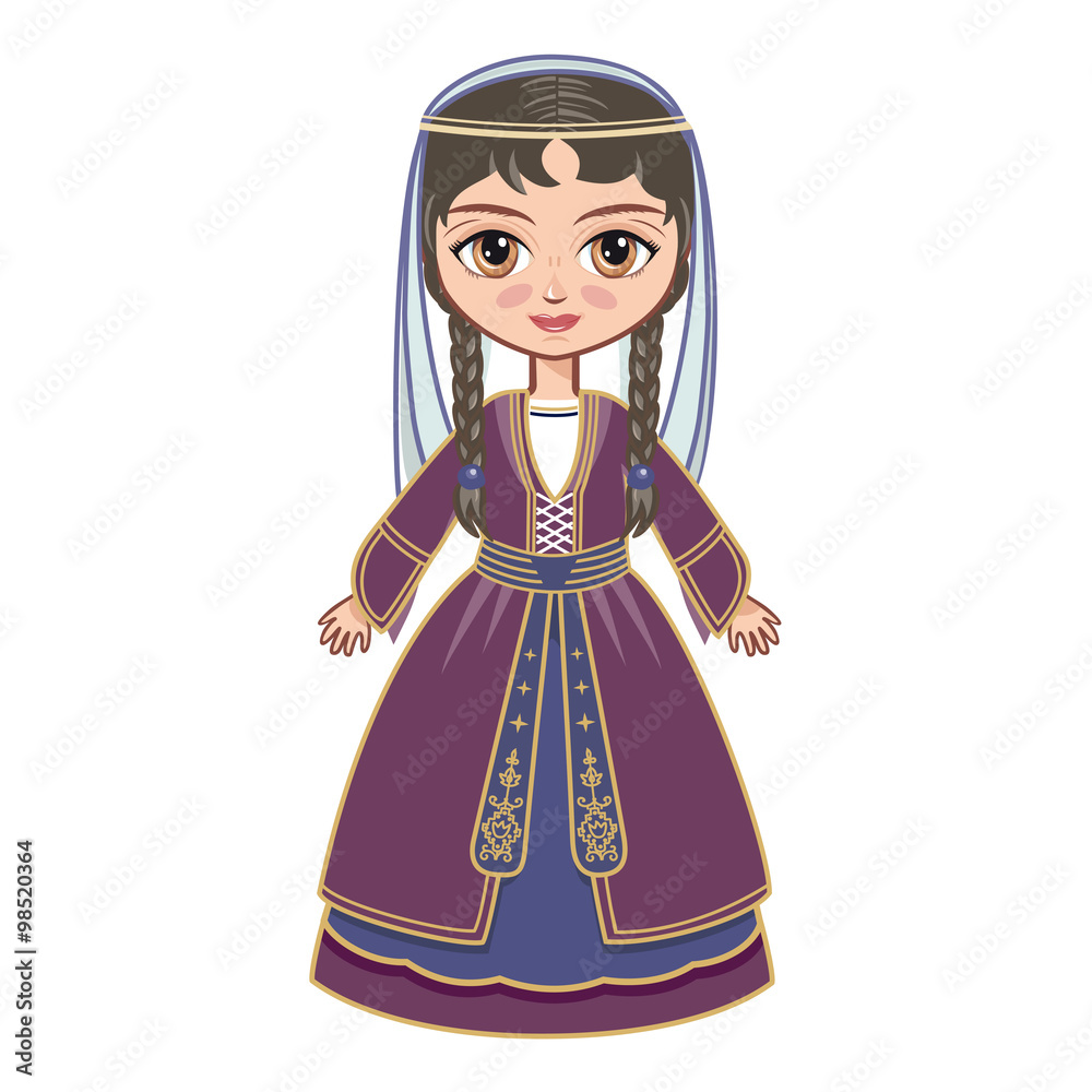 Fototapeta premium girl in the Georgian suit. Georgia. Character. Vector drawing on white background. Isolated image.