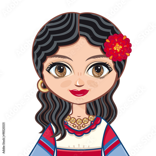The girl in Gypsy dress. Historical clothes. Linear pattern on a white background. Line drawing festive. Vector drawing. Portrait, avatar.