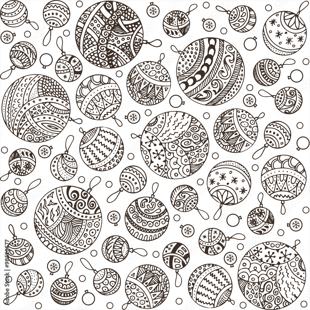 Merry christmas balls doodle pattern of line icons with ornaments and font templates