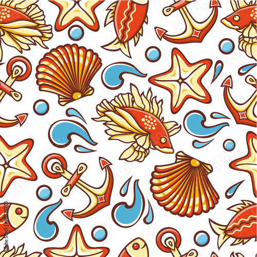 Beautiful sea seamless pattern. Anchor, waves, shell, fish, starfish. Cheerful colorful style. Linear pattern on a white background. Line drawing festive. Vector drawing.