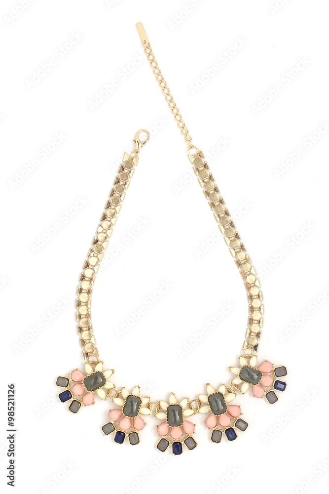 gold necklace with pink stones isolated on white gold necklace with pink stones isolated on white