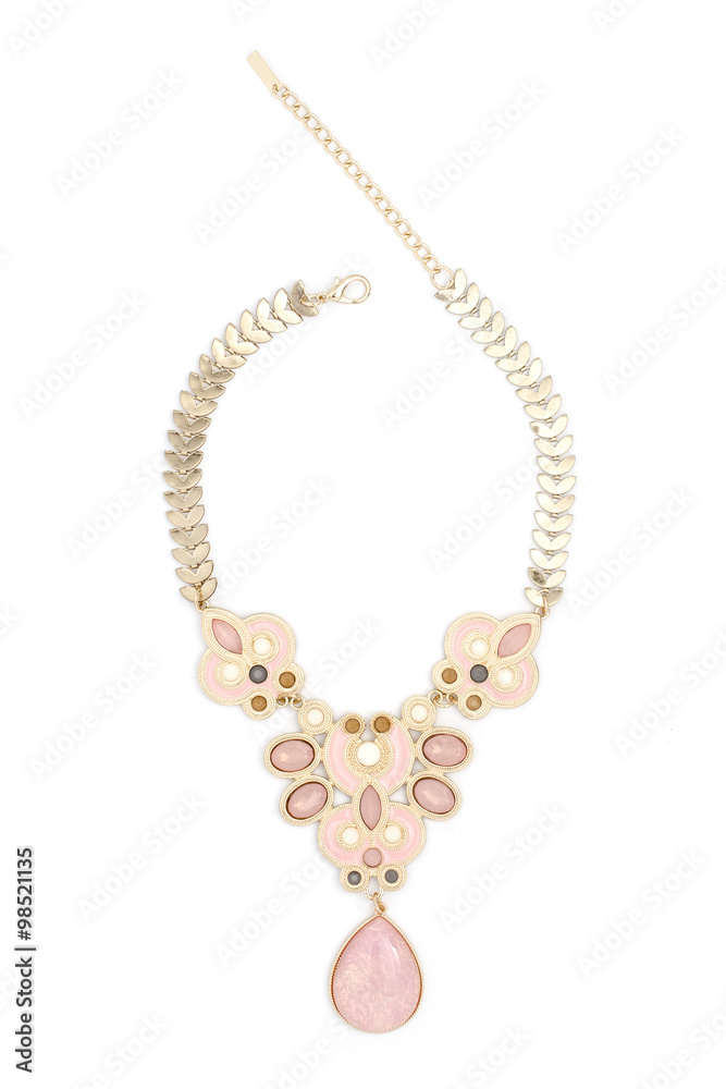 gold necklace with pink stones isolated on white gold necklace with pink stones isolated on white