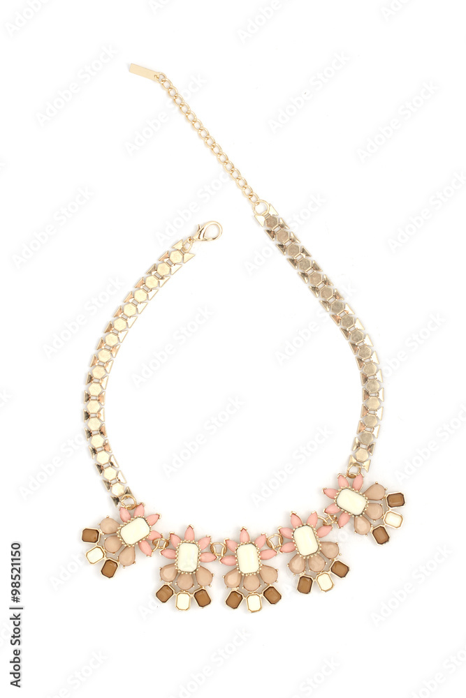 gold necklace with pink stones isolated on white gold necklace with pink stones isolated on white