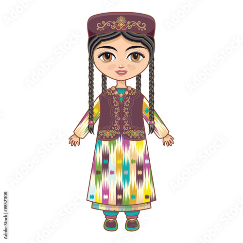  The girl in  Uzbek dress. Historical clothes.  Linear pattern on a white background.  Line drawing festive. Vector drawing.