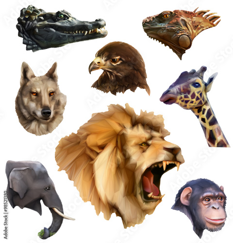 Animal heads, low poly style icons set