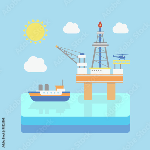 Drilling rig at sea. Oil platform, gas fuel. Industrial illustration in flat style