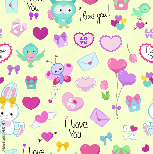 Cute vector seamless pattern with funny cartoon animals and hearts. Endless background.