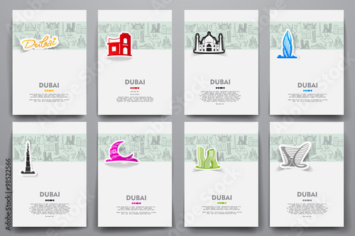 Corporate identity vector templates set with doodles Dubai theme