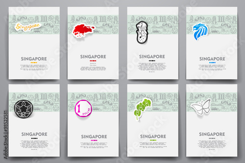 Corporate identity vector templates set with doodles Singapore theme