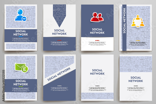 Corporate identity vector templates set with doodles social network theme