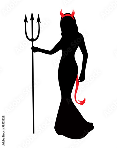 silhouette elegant woman in a long dress and a pitchfork in his hand.
A woman has a red tail and horns
