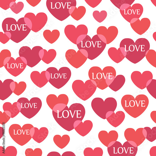 Seamless squares pattern with pink hearts and the word love