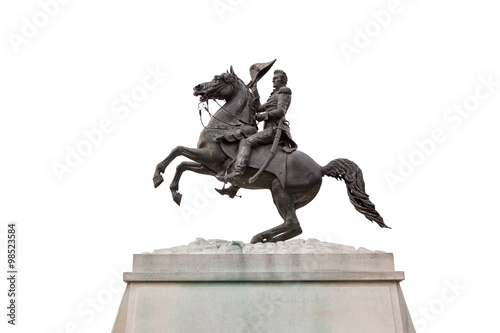 A statue of President Andrew Jackson riding his horse by Clark Mills, in Layfayette Square, Washington, DC,  U.S. isolated on white background