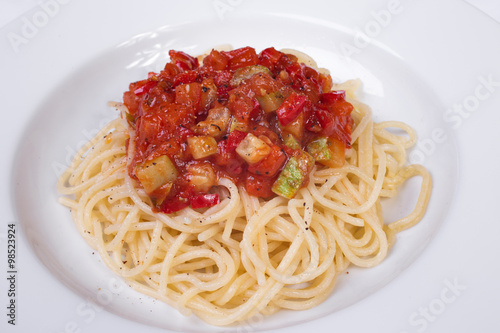 vegetable pasta with meatballs and tomato sauce