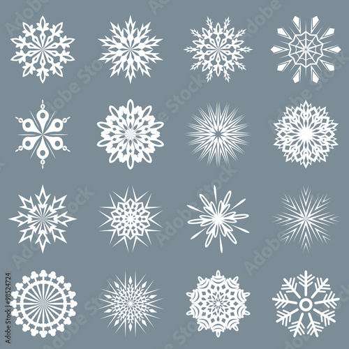 Abstract white snowflake shapes vector set isolated on grey back