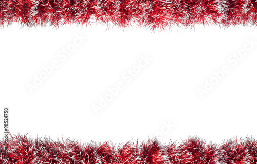 Seamless Christmas red silver tinsel frame. Isolated on a white background. photo