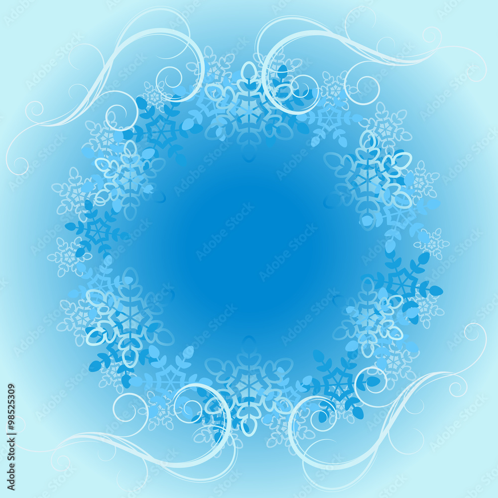 Blue winter ornamental round frame vector template.