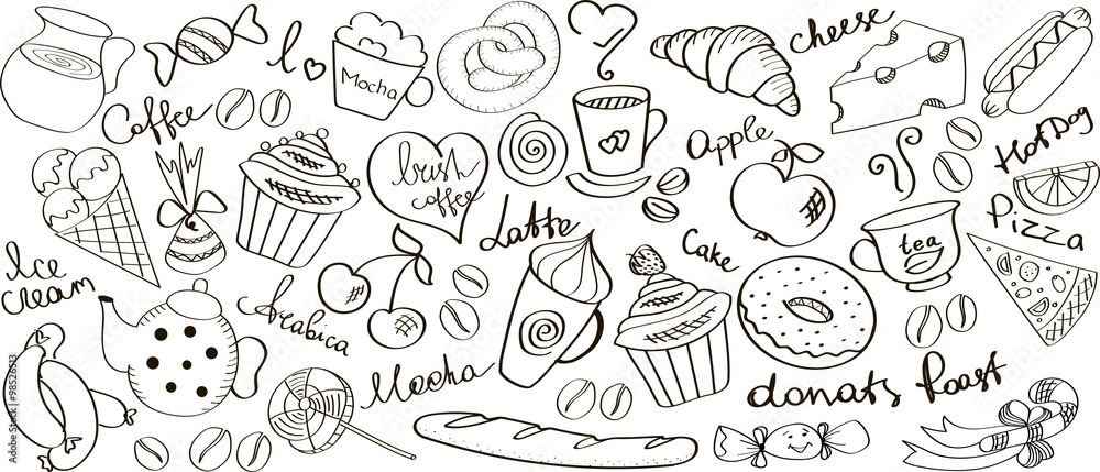 Food and drinks. Vector illustrations of different kind of meal isolated on the white background. Bakery, pastry, dairy products, candy, sweets, drinks, fast food, cookies, fruits, berries. Sketch set