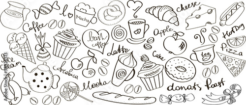 Food and drinks. Vector illustrations of different kind of meal isolated on the white background. Bakery, pastry, dairy products, candy, sweets, drinks, fast food, cookies, fruits, berries. Sketch set
