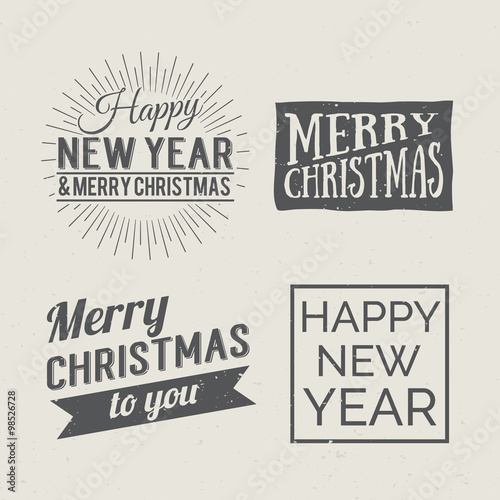Merry Christmas and Happy New Year Calligraphic Design Label on grunge background. Holidays lettering for invitation, greeting card, prints and posters. Typographic design. Vector illustration.