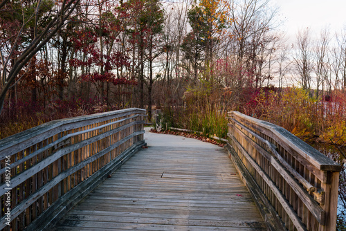 Photo of a wooden bridge in a park going over a stream. 