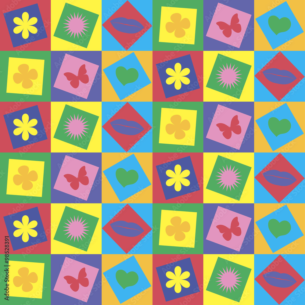 multicolored squares and rhombs with a flower, a star, heart, lips, butterfly