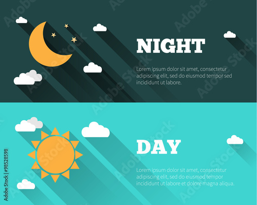 Sun, moon and stars, clouds icons. Day and night sky vector banners. Flat style illustration with long shadows. Day time concept posters.