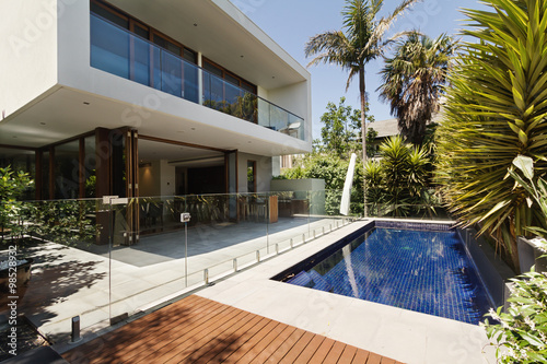 Rear garden of a contemporary Australian home with pool